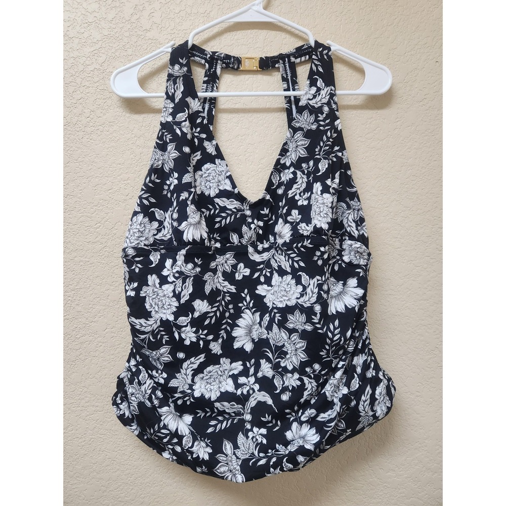 Lauren Ralph Lauren Halter Tankini Top Size 6 Black White Floral Tummy Control